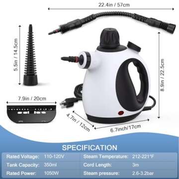 Handheld Steam Cleaner, Steam Cleaner for Home with 10 Accessory Kit, Multipurpose Portable Upholstery Steamer Cleaning with Safety Lock to Remove Grime, Grease, and More