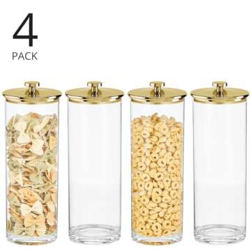 mDesign Tall Acrylic Airtight Apothecary Storage Organizer Canister Jars - Plastic Containers with Lid for Kitchen - Holder for Pantry or Countertop, Lumiere Collection, 4 Pack, Clear/Soft Brass