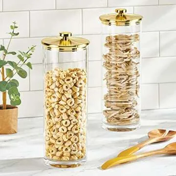 mDesign Tall Acrylic Airtight Apothecary Storage Organizer Canister Jars - Plastic Containers with Lid for Kitchen - Holder for Pantry or Countertop, Lumiere Collection, 4 Pack, Clear/Soft Brass