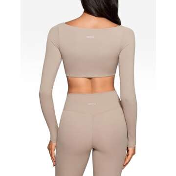 INGIA Womens Square Neck Long Sleeve Crop Top Workout Athletic Yoga Basic Tee Bandeau Fitted T-Shirt with Built in Bra Sand X-Small