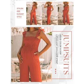 BLENCOT Womens Ruffle Spaghetti Straps High Waisted Long Wide Leg Jumpsuits Loose Sleeveless Rompers Orange Large