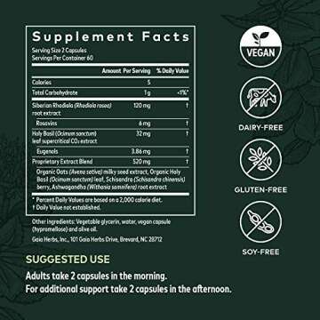 Gaia Herbs, Adrenal Health Daily Support Vegan Liquid Phyto Capsules - Stress Relief and Adrenal Fatigue Supplement, Ashwagandha, Holy Basil, Rhodiola, 120-Count (Pack of 1)