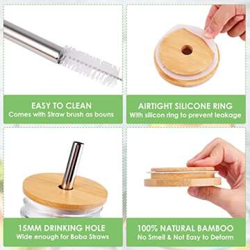 TRUSBER 4 Pack Reusable Bamboo Regular Mouth Drinking Lids with Straw Hole and Straw for Mason Jar (...