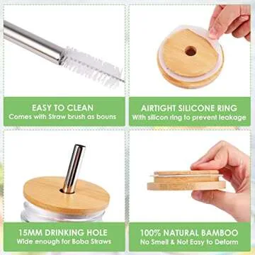 TRUSBER 4 Pack Reusable Bamboo Regular Mouth Drinking Lids with Straw Hole and Straw for Mason Jar (...