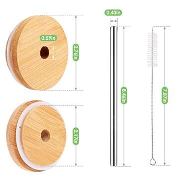 TRUSBER 4 Pack Reusable Bamboo Regular Mouth Drinking Lids with Straw Hole and Straw for Mason Jar (JAR NOT INCLUDED)