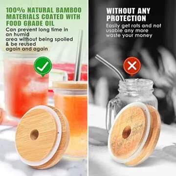 TRUSBER 4 Pack Reusable Bamboo Regular Mouth Drinking Lids with Straw Hole and Straw for Mason Jar (JAR NOT INCLUDED)