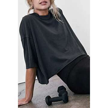 Women's Oversize Yoga Crop Tops Cute Roll Sleeve Drop Shoulder T-Shirts Roll Hem Solid Color Loose Athletic Running Tees Black M