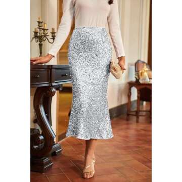 Sequin Skirt for Women Silver Sequin Skirt Elastic High Waist Mermaid Ruffled Hem Night Out Party Bodycon Midi Skirt Small