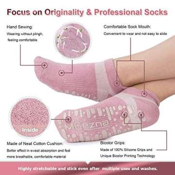 Muezna Non Slip Yoga Socks for Women, Anti-Skid Pilates, Barre, Hospital Socks with Grips, Size 5-10