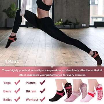 Muezna Non Slip Yoga Socks for Women, Anti-Skid Pilates, Barre, Hospital Socks with Grips, Size 5-10