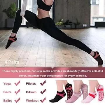Muezna Non Slip Yoga Socks for Women, Anti-Skid Pilates, Barre, Hospital Socks with Grips, Size 5-10