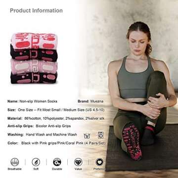 Muezna Non Slip Yoga Socks for Women, Anti-Skid Pilates, Barre, Hospital Socks with Grips, Size 5-10