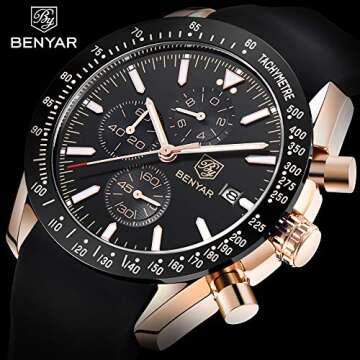 Men's Watches BENAYR Casual Chronograph Analog Quartz Waterproof Sports Watches Rubber Strap Busines...