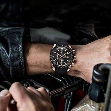 Men's Watches BENAYR Casual Chronograph Analog Quartz Waterproof Sports Watches Rubber Strap Business Wrist Watches for Men (GoldBlack)