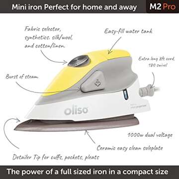 Oliso M2 Mini Project Steam Iron with Solemate - for Sewing, Quilting, Crafting, and Travel | 1000 W...