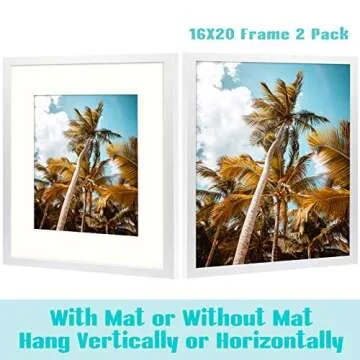 Frametory, 16x20 Picture Frame with Mat for 11x14 Picture- - High Definition Glass Wide Molding - Preinstalled Wall Mounting Hardware (White, 2 Pack)