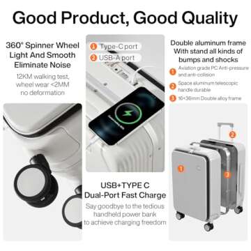 mixi Carry On Luggage with Cup Phone Holder and Charger Hard Shell Suitcases with Spinner Wheels, 20 Inch Smoke White