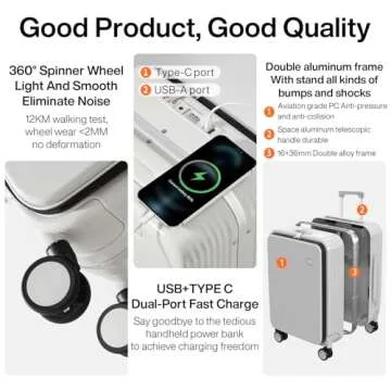 mixi Carry On Luggage with Cup Phone Holder and Charger Hard Shell Suitcases with Spinner Wheels, 20 Inch Smoke White