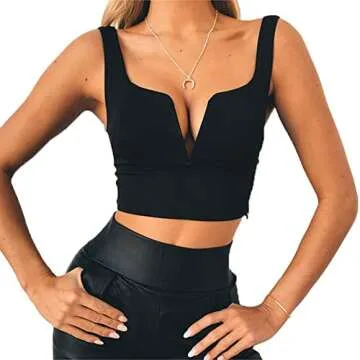 Susupeng Women Sexy Deep V Neck Sleeveless T Shirt Slim Crop Top Side Zip Casual Tank Tops (Medium, Black)