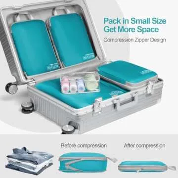 Cambond Compression Packing Cubes for Travel Women - 6 Set Packing Cubes for Travel Compression, Luggage Organizers Compression Cubes for Carry on Suitcases with Shoe Bag and Makeup Bag, Lake Blue