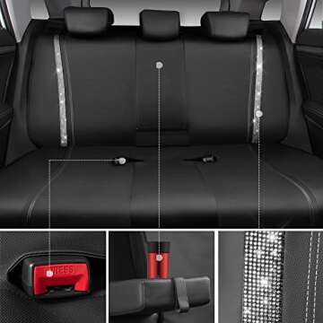 CAR PASS Bling Car Seat Covers Full Set, Shining Rhinestone Diamond Waterproof Faux Leather, Rear with Zipper, Rhinestones Carpet, Bling Crystal Diamond Sparkly Glitter Car Floor Mats, Silver