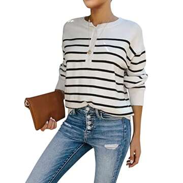 Womens Striped Henley Sweaters Soft Lightweight Long Sleeve Crew Neck Loose Fit Knit Pullover Tops W...