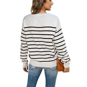 Womens Striped Henley Sweaters Soft Lightweight Long Sleeve Crew Neck Loose Fit Knit Pullover Tops White