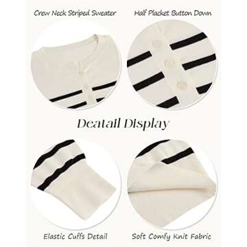 Womens Striped Henley Sweaters Soft Lightweight Long Sleeve Crew Neck Loose Fit Knit Pullover Tops White