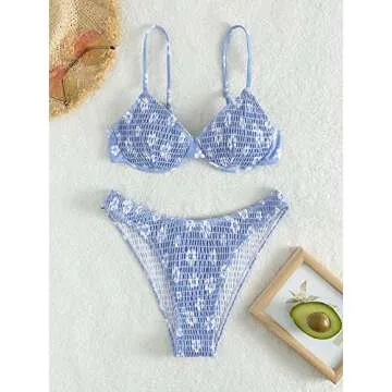 GORGLITTER Women's 2 Piece Swimsuits Floral High Waisted Bikini Sets Push Up Triangle Bathing Suits Blue and White Small