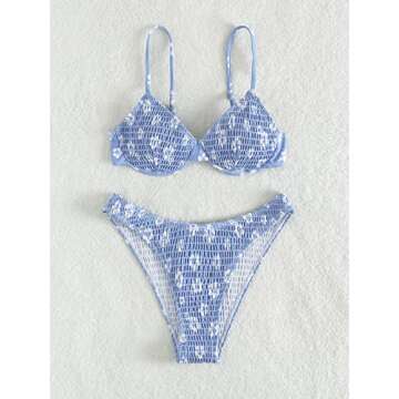GORGLITTER Women's 2 Piece Swimsuits Floral High Waisted Bikini Sets Push Up Triangle Bathing Suits Blue and White Small