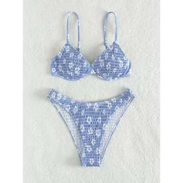 GORGLITTER Women's 2 Piece Swimsuits Floral High Waisted Bikini Sets Push Up Triangle Bathing Suits Blue and White Small
