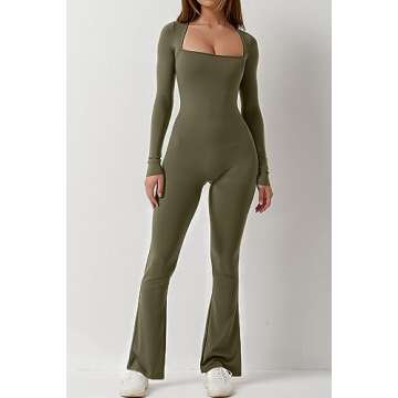 QINSEN Women's Long Sleeve Wide Led Jumpsuit Seamless Long Pants Bodysuit Romper Olive Green S