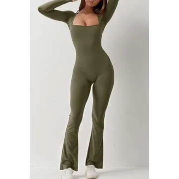 QINSEN Women's Long Sleeve Wide Led Jumpsuit Seamless Long Pants Bodysuit Romper Olive Green S