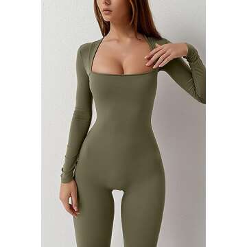 QINSEN Women's Long Sleeve Wide Led Jumpsuit Seamless Long Pants Bodysuit Romper Olive Green S