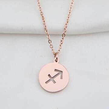 Zodiac Pendant Necklace Rose Gold Disc Horoscope Necklace Birthday Gift (Sagittarius RG)