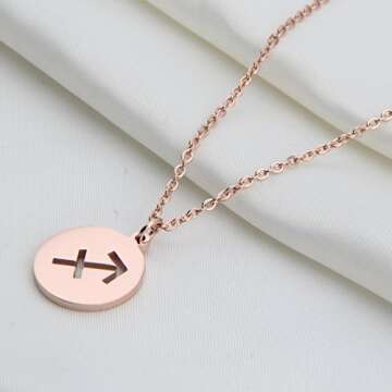 Zodiac Pendant Necklace Rose Gold Disc Horoscope Necklace Birthday Gift (Sagittarius RG)