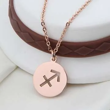 Zodiac Pendant Necklace Rose Gold Disc Horoscope Necklace Birthday Gift (Sagittarius RG)