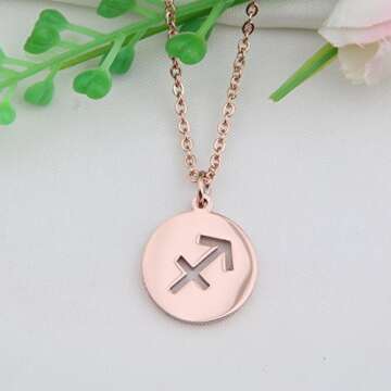 Zodiac Pendant Necklace Rose Gold Disc Horoscope Necklace Birthday Gift (Sagittarius RG)