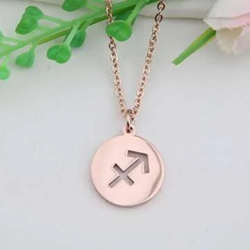 Zodiac Pendant Necklace Rose Gold Disc Horoscope Necklace Birthday Gift (Sagittarius RG)