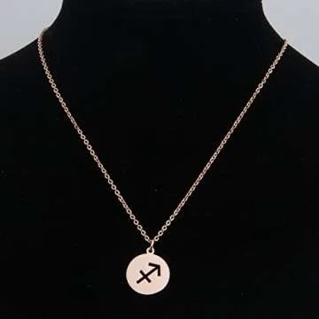 Zodiac Pendant Necklace Rose Gold Disc Horoscope Necklace Birthday Gift (Sagittarius RG)
