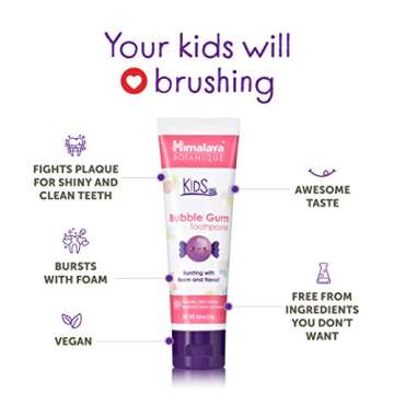 Himalaya Botanique Kids Toothpaste, Herbal, Bubble Gum Flavor, Fights Plaque, Fluoride-Free, Gentle, No Artificial Flavors or Colors, SLS Free, Gluten Free, Cruelty Free, Vegan, Foaming, 4 Oz, 1 Pack
