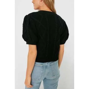 Yousify Puff Short Sleeve Sweater Top with Elegant Crystal Button Detail for Summer Style