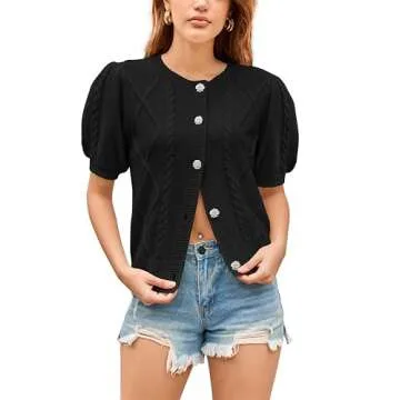 Yousify Puff Short Sleeve Sweater Top with Crystal Buttons