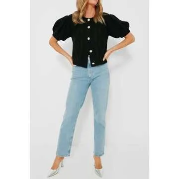 Yousify Puff Short Sleeve Sweater Top with Crystal Buttons