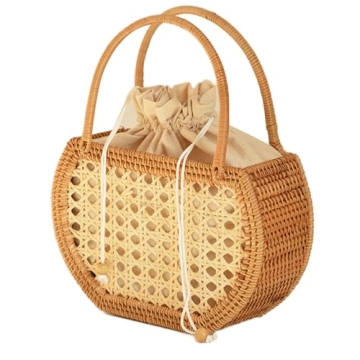 KIKISUM Summer Rattan Hobo Basket Tote Bag for Women Handmade Top Handle Handbags