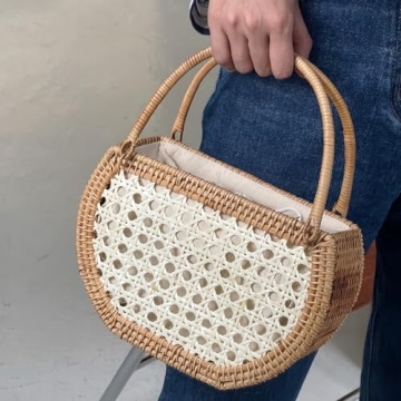 KIKISUM Summer Rattan Hobo Basket Tote Bag for Women Handmade Top Handle Handbags