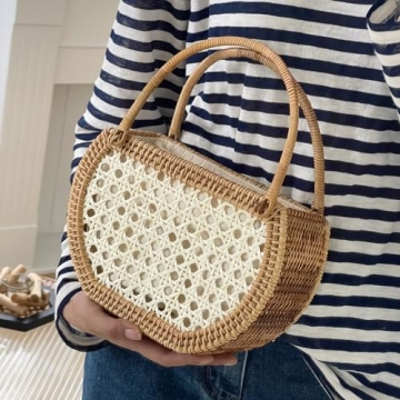 KIKISUM Summer Rattan Hobo Basket Tote Bag for Women Handmade Top Handle Handbags