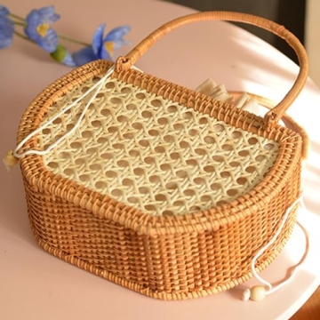 KIKISUM Summer Rattan Hobo Basket Tote Bag for Women Handmade Top Handle Handbags