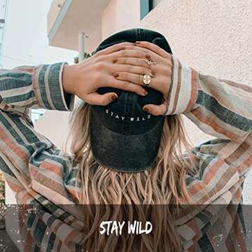 Atticus Poetry Hat, Embroidered Brushed Cotton Women’s Baseball Hat Unisex Fit, Adjustable One Size (Stay Wild Black)