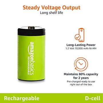 Amazon Basics 4-Pack Rechargeable D Cell NiMH Batteries, 10000 mAh, Recharge up to 1000x Times, Pre-Charged
